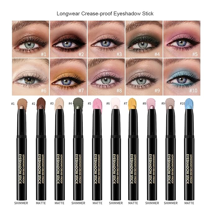 CHIFURE Eyeshadow Stick, Shimmer and Matte Cream Eye Shadow Brightener Sticks Eyeliner Pencil Crayon, Waterproof Long Lasting Eye Highlighter Stick Makeup,0.056 Oz(#9-Champagne)