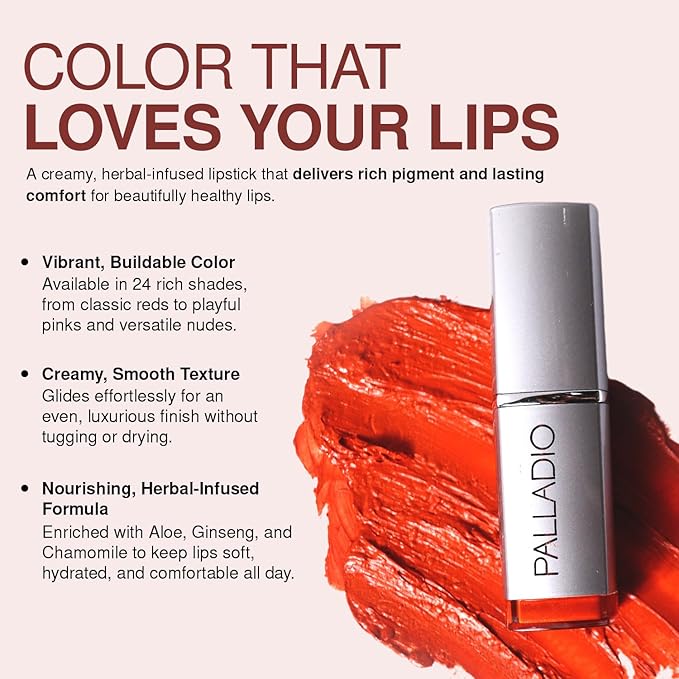 Palladio Herbal Lipstick, Rich Pigmented and Creamy, Infused with Aloe Vera, Chamomile & Ginseng, Prevents Lips from Drying, Combats Fine Lines, Long Lasting Lipstick, Cosmopolitan