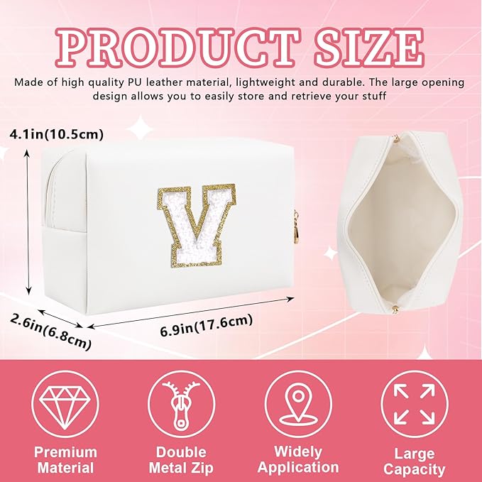 Iqimott,Personalized Initial Letter Patch Makeup Bag, Preppy Portable Chenille Letter Cosmetic Bag with Zipper, PU Leather Travel Toiletry Bag Monogram Make Up Pouch for Women Girls(Letter V)