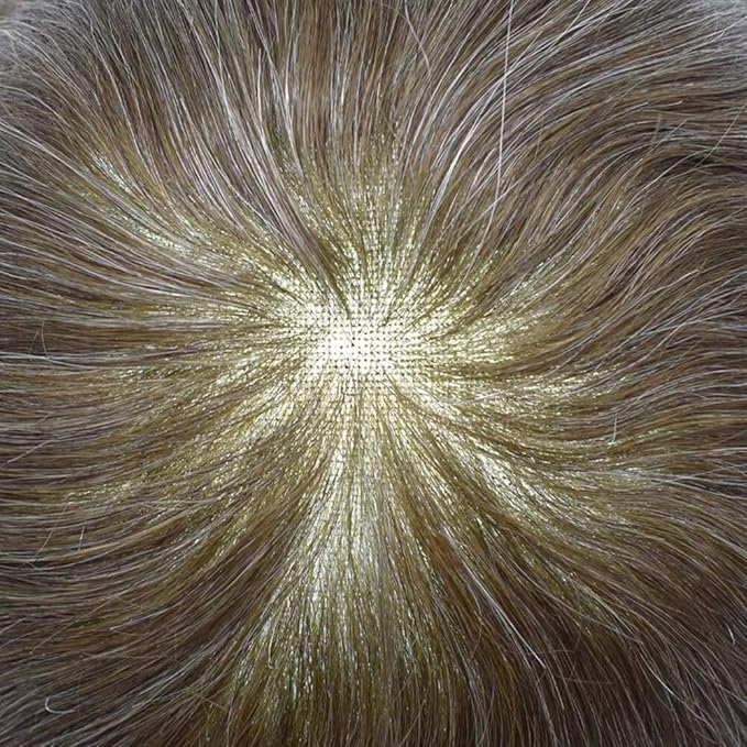 FACE MIRACLE Mens Toupee Lace Front Hairpieces Soft Human Hair Replacement System Toupee for Men French Lace Poly V-Looped Mens hair Units 6"X9" #740 7# VERY LIGHT BROWN WITH 40% SYNTHETIC GREY