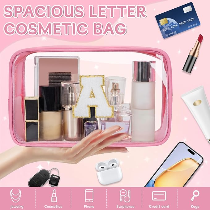 Personalized Initial Clear Makeup Bag, Travel Chenille Patch Cosmetic Bag, Preppy Toiletry Bag Monogram Cosmetic Pouch with Zipper, Ideal Gift for Teen Girls Women (Clear-Pink, A)