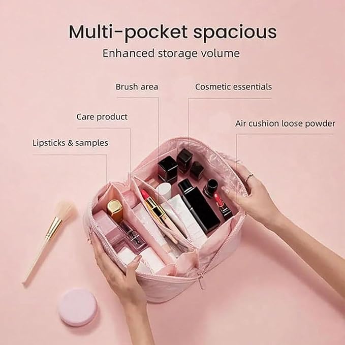 Petition Makeup Bag, 180° Open Lay-Flat Cosmetic Case, Large Capacity Compartment Makeup Bag, Lightweight, Soft and Fashion for Bottles & Brushes (White)