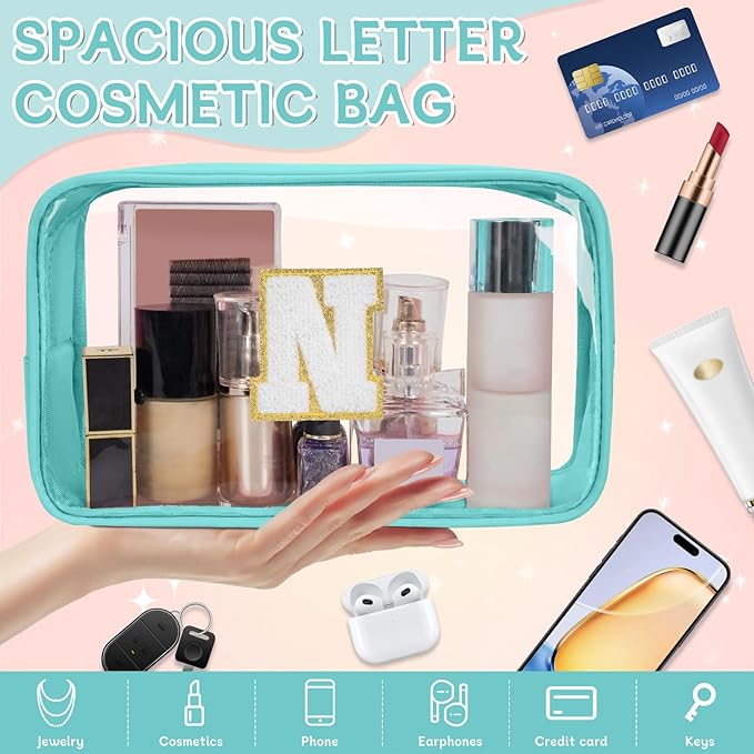 Personalized Initial Clear Makeup Bag, Travel Chenille Patch Cosmetic Bag, Preppy Toiletry Bag Monogram Cosmetic Pouch with Zipper, Ideal Gift for Teen Girls Women (Clear-Green, N)