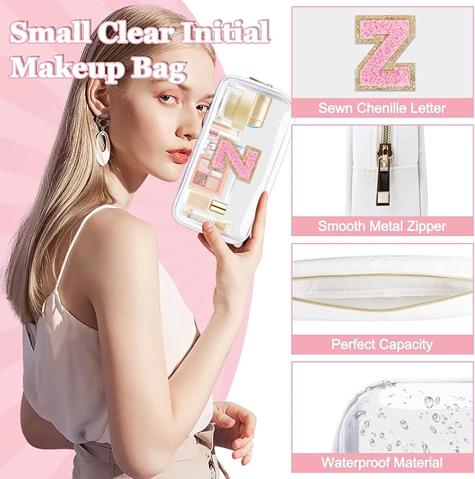Small Clear Personalized Initial Makeup Bag, Preppy A-Z Chenille Letter Patch Cosmetic Bag, Cute Transparent Nylon Waterproof Zipper Beach Varsity Letter Pouch, Gift for Women Girls(White-Pink Z)