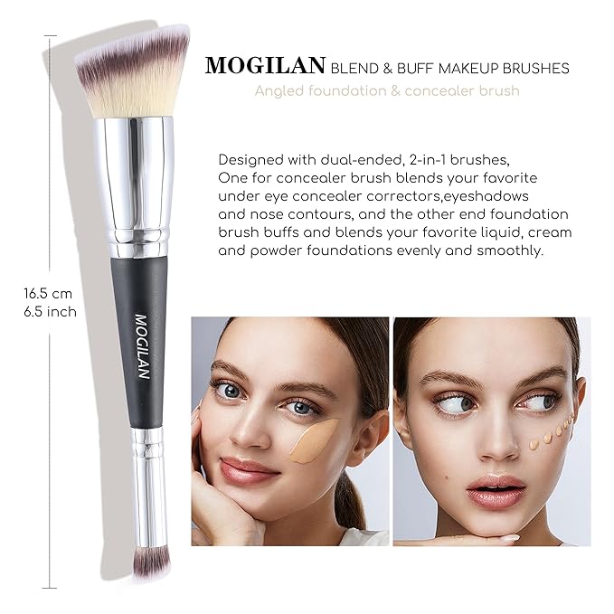 Double Ended Makeup Brushes – Professional Angled Foundation & Blush Brush with Concealer Blending Brush for Liquid, Cream & Powder Buffing Large Face Make Up Applicator