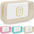 Personalized Initial Clear Makeup Bag, Travel Chenille Patch Cosmetic Bag, Preppy Toiletry Bag Monogram Cosmetic Pouch with Zipper, Ideal Gift for Teen Girls Women (Clear-Beige, O)