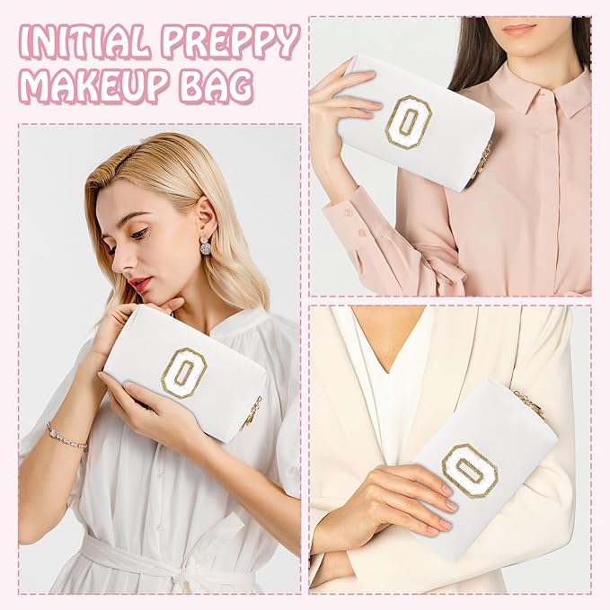 Small Cute Initial Preppy Makeup Bag, Personalized Cosmetic Zipper Pouch Toiletry Bags for Traveling, Waterproof PU Chenille Letter Makeup Case Organizer Travel Essentials for Women Girl(Letter O)