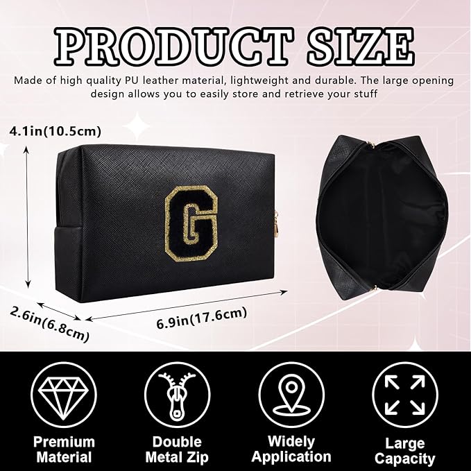 Iqimott Personalized Initial Letter Patch Makeup Bag Preppy Portable Chenille Letter Cosmetic Bag Zipper PU Leather Waterproof Travel Toiletry Bag Monogram Make Up Pouch Women Girls(Letter G)