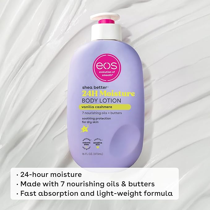 eos Shea Better Body Lotion Vanilla Cashmere, 24-Hour Moisture Skin Care, Lightweight & Non-Greasy, Natural Shea, Vegan, Vanilla Body Lotion, 16 fl oz