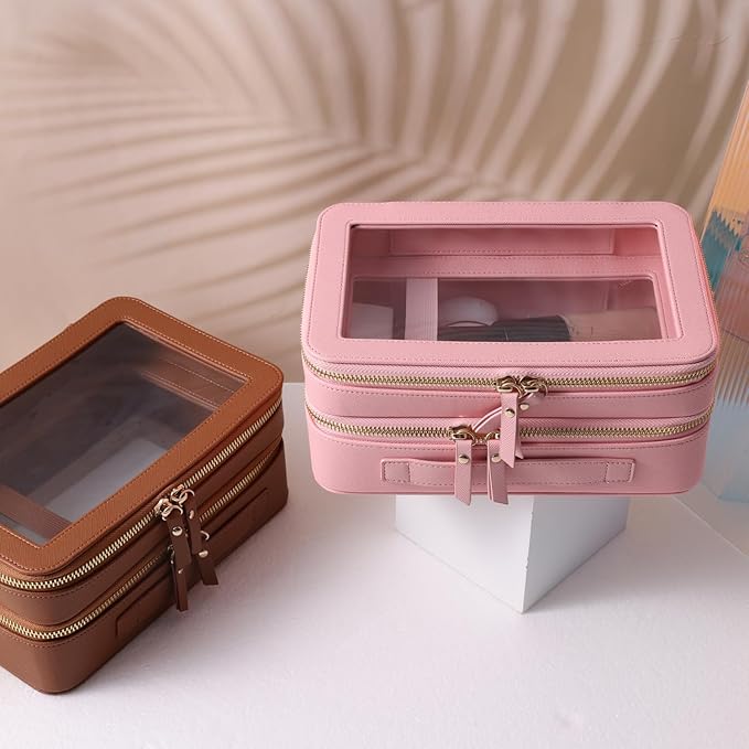 SANHECUN Clear Travel Toiletry bag Toiletry Case Carry on Travel Accessories Bag Makeup Bag Dimensions | LxWxH:9” x 6” x 4.2” (Pink, SHC-TL-2)