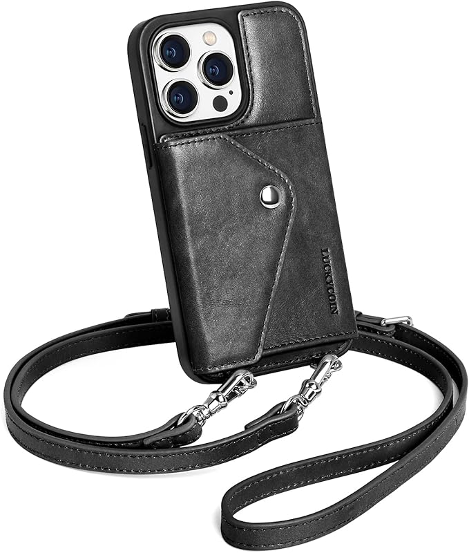 LUCKYCOIN Crossbody Wallet Phone Case for iPhone 14 Pro,100% Genuine Leather Wallet Phone Case with Expandable Flip Card Holder,Phone Purse for Women with Adjustable Removable Strap - Black