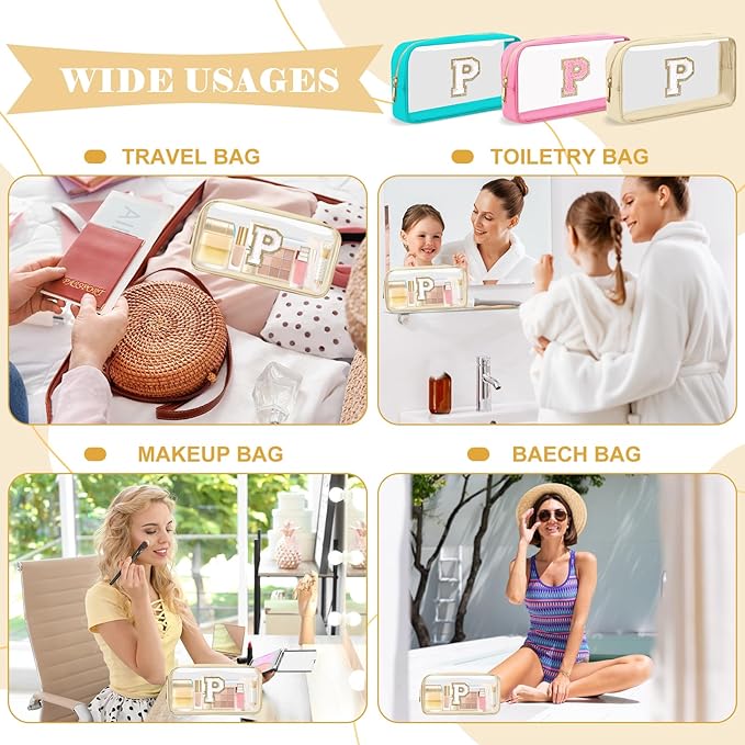 Personalized Initial Letter Clear Makeup Bag,Preppy Small Nylon&PVC Cosmetic Zipper Bag with Chenille Letter,Portable Beach Travel Skincare Toiletry Bag,Trendy Monogram Gift for Teen Girls Women,P