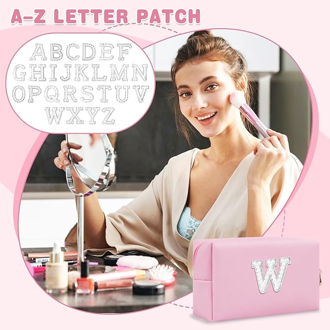 ChaoGreat Bride Gifts – Personalized Initial Makeup Bag with Pearl Rhinestone Patch, Preppy Pink Monogram Cosmetic/Toiletry Pouch, bridesmaid Gifts, Bridal Shower Gifts, Wedding Gifts, Bridal Gifts,W