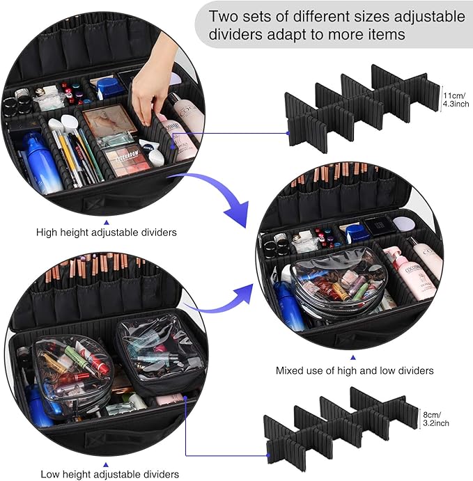Relavel Extra Large Makeup Case and Clear Makeup Bag, Travel Cosmetic Train Case Professional Makeup Artist Bag with Adjustable Dividers and Shoulder Strap, Portable Nail Organizer Box (Black)