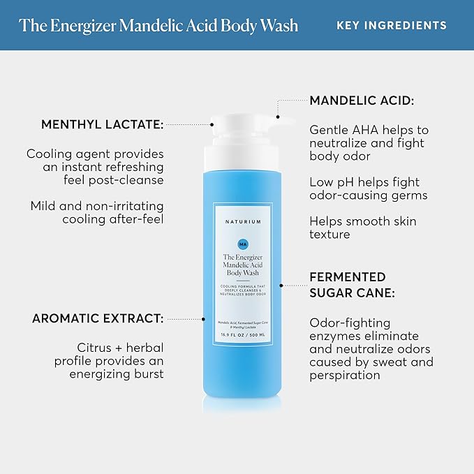 Naturium The Energizer Body Wash, Cooling & Refreshing Formula with Mandelic Acid, Deeply Cleanses & Neutralizes Body Odor, 16.9 oz