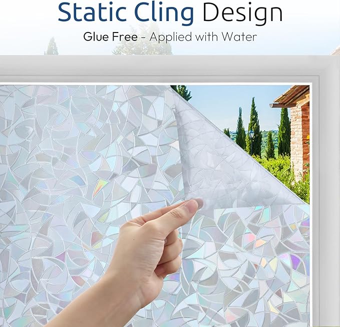 rabbitgoo Window Privacy Film Rainbow Film Decorative Window Sticker, 3D Static Stained Glass Cling Tint for Home Heat Control Non-Adhesive, Grayish Silver, 17.5 x 118.1 inches