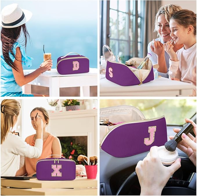 Personalized Initial Makeup Bag,Christmas Gifts for Girl,Preppy Bag Cosmetic Travel Bag Women,Travel Toiletry Organizer,Large Capacity Corduroy Stuff Bag,Cute Cosmetic Pouch Skincare Bag-V