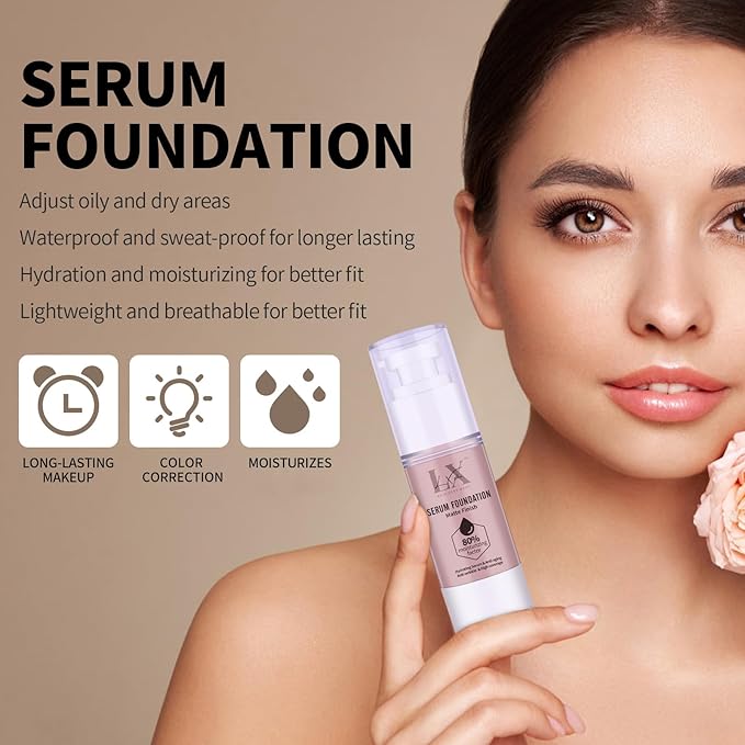 Moisturizing Foundation with 1% Hyaluronic acid, Deep Hydration & High Coverage Serum Foundation for A Smooth & Satin Finish, 408 Deep