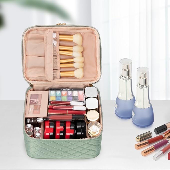 OCHEAL Large Makeup Bag, Double Layer Makeup Bag, Vertical Storage Cosmetic Case for Women/Girls with Multiple Compartments-Green
