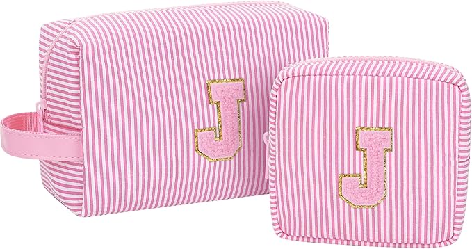 MONSTINA Initial Makeup Bag, Birthday Gifts for 4 5 6 7 8 9 10 11 12 Year Old Girls, Personalized Preppy Cosmetic Bag |Cute Toiletry Bag,2PCS,Pink J