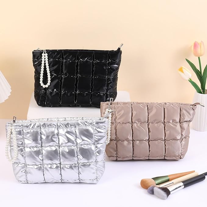 Puffer Quilted Makeup Bag Travel Cosmetic Bag Portable Puffy Checkered Toiletry Pouch Skincare Organizer Purse Pencil Case (Silver)