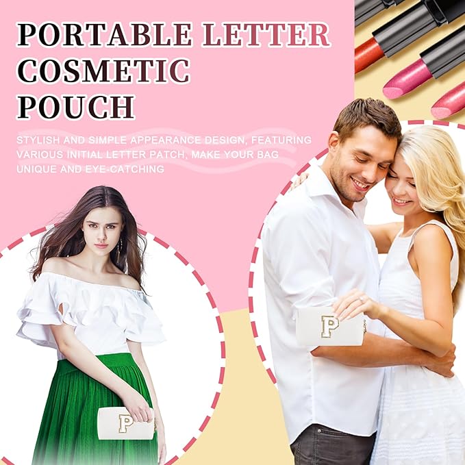 Personalized Initial Letter Patch Makeup Bag, Preppy Portable Chenille Letter Cosmetic Bag with Zipper, PU Leather Waterproof Travel Toiletry Bag Monogram Make Up Pouch for Women Girls(Letter P)