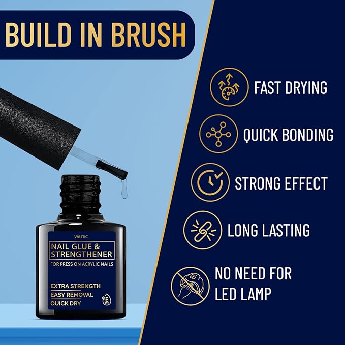 Valitic Strong Nail Glue and Strengthener - Quick Dry Brush On Gel for Long Lasting Nails - Adhesive Bond for False Nails - Strengthener for Nail Tips - 1 PACK