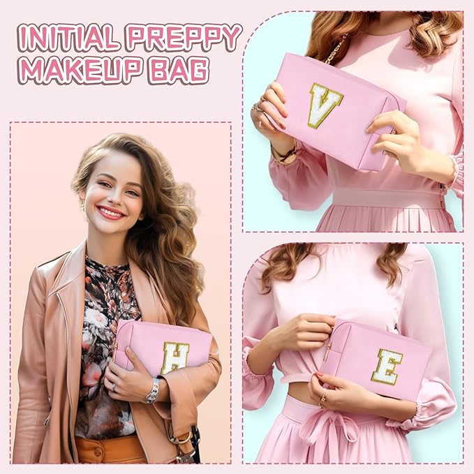 TOPEAST Initial Makeup Bag for Women, Travel Small Cosmetic Bag Cute Pink Personalized Preppy Makeup Pouch, Birthday Travel Gifts for Women (Pink S)