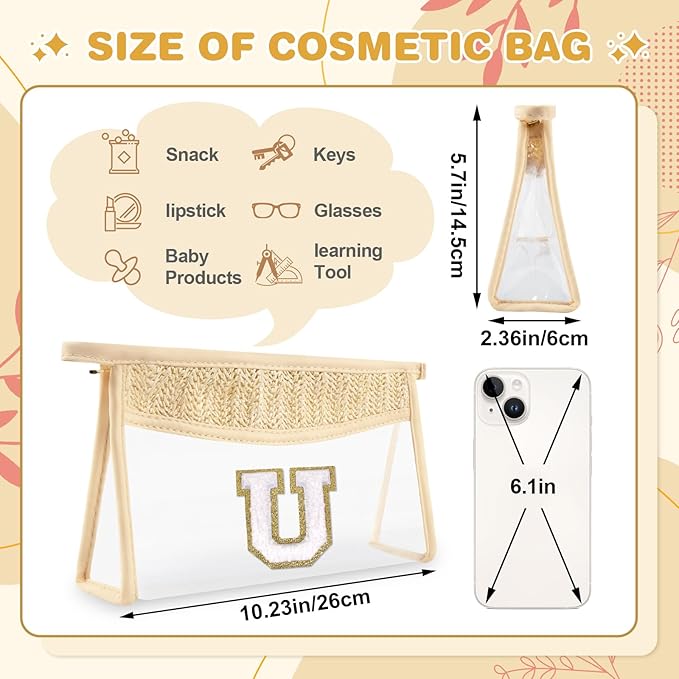 Personalized Initial Letter Bag Boho Straw Clear Makeup Bag,Small Cute Chenille Varsity Letter Pouch With Zipper,Beach Travel Toiletry,Portable Monogrammed Cosmetic Bag for Women Girls,U
