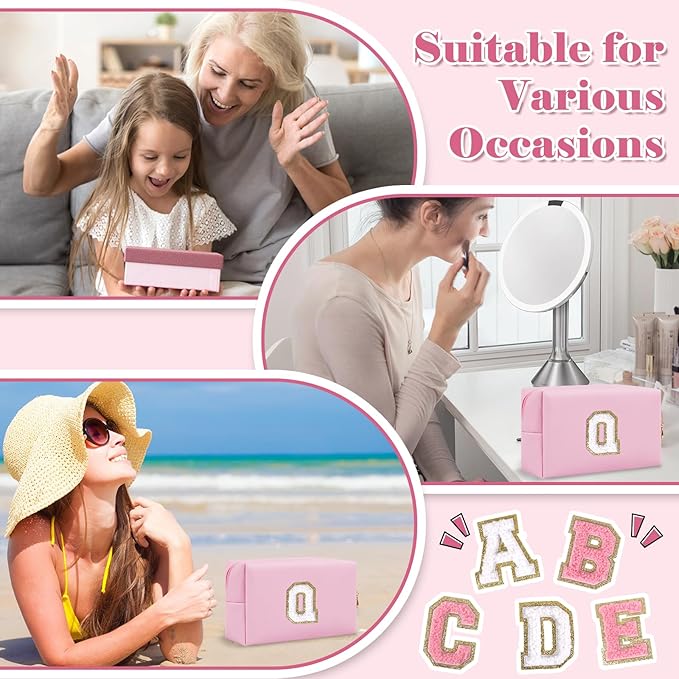 Personalized Initial A-Z Preppy Patch Makeup Bag,Small PU Chenille Letter Cosmetic Bag with Zipper for Teen Girls,Pink Cute Toiletry Organizer Bag,Monogram Makeup Case Gift for Women Girls,Letter Q