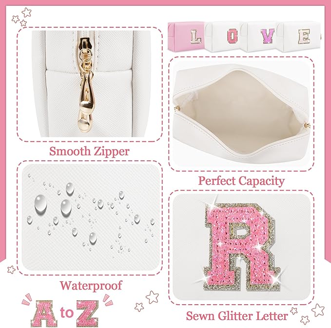 Personalized Initial Letter Makeup Bag, Small Glitter Letter Patch Cosmetic Pouch Zipper, Preppy Makeup Organizer PU Waterproof Travel Toiletry Bag, Monogrammed Birthday Gift for Women Girls