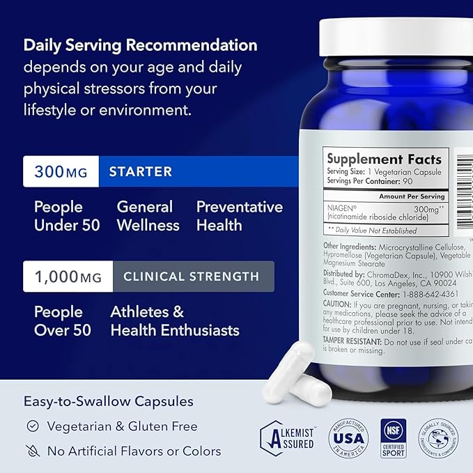 TRU NIAGEN Patented NAD+ Supplement for Anti Aging and Cell Regeneration, 300 mg Niagen, 90 Servings | Supports Cellular Energy, Brain, Muscle | Nicotinamide Riboside (NR) Take 1 Daily | 1 Bottle