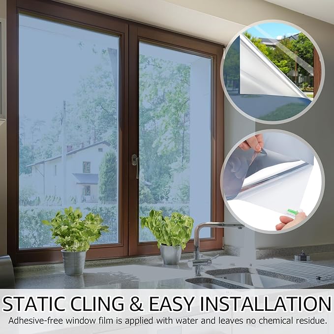 HIDBEA One Way Mirror Window Film,Daytime Privacy Sun Blocking Reflective Window Film Static Cling Heat Control Window Tinting Film for Home and Office, Blue Silver, 35.4 x 78.7 Inch