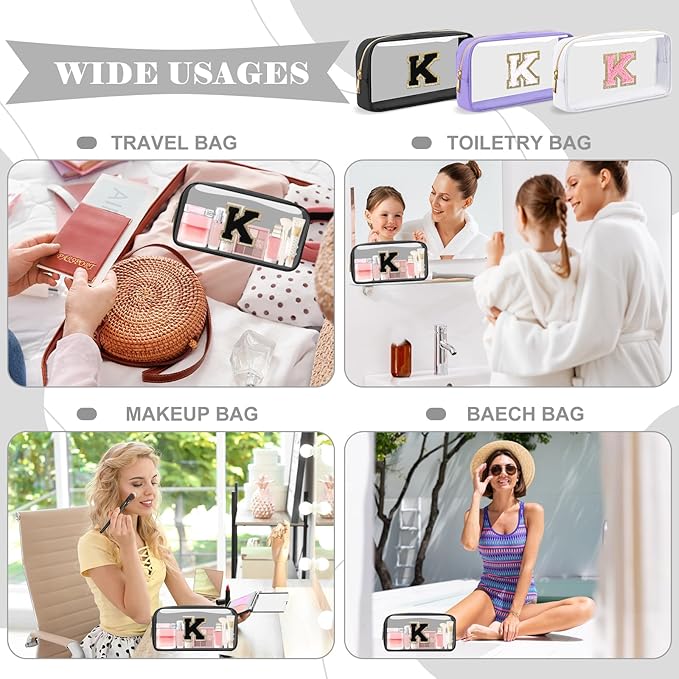 Personalized Initial Letter Clear Makeup Bag,Preppy Small Nylon&PVC Cosmetic Zipper Bag with Chenille Letter,Travel Skincare Toiletry Bag,Monogram Christmas Gift for Teen Girls Women,K