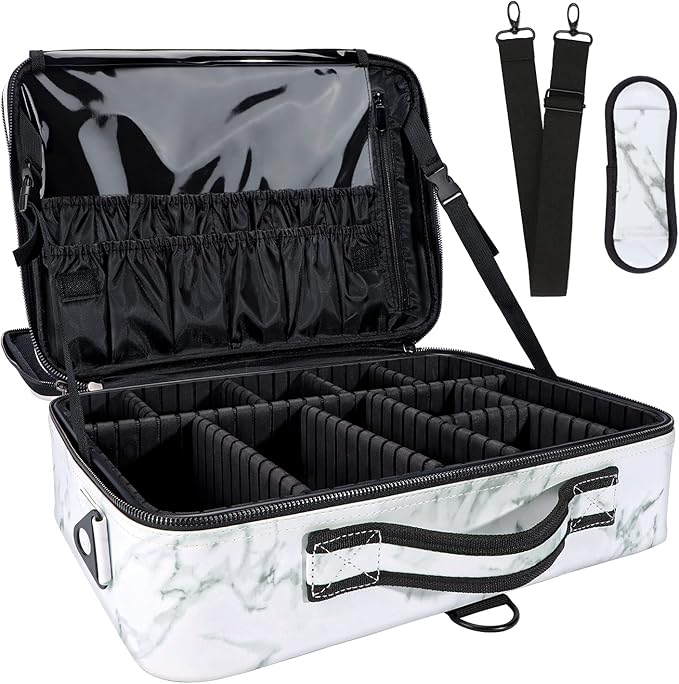Travel Makeup Bag 3 Layers PU Leather Large Makeup Train Case Professional Cosmetic Bag Organizer Storage Artist Bag with Adjustable Strap Marble Pattern