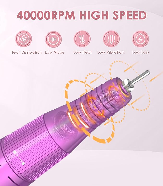 Professional Nail Drill Electric File: 40000RPM Portable Nail File Machine, Rechargeable Cordless Nail E-File with Bits & Base for Acrylic Nails Remove Nail Gel Polish Manicure for Salon Home, Purple