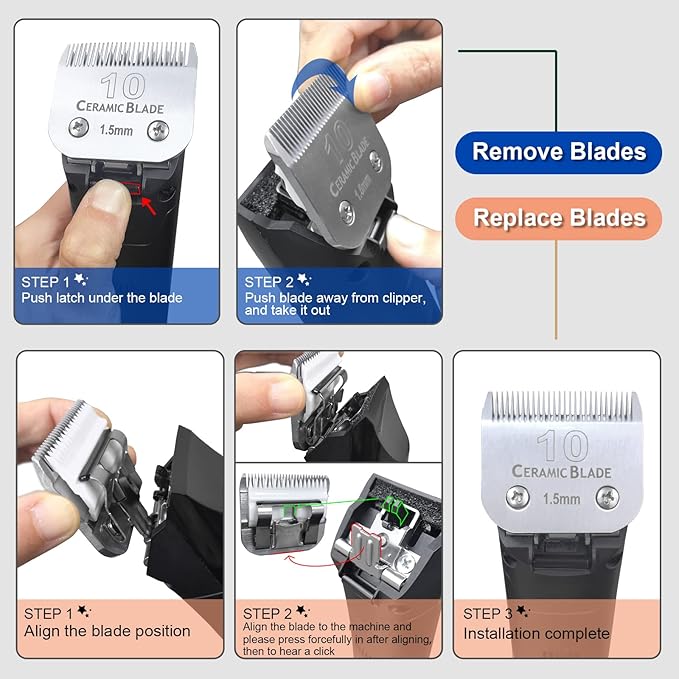 10 Pcs Detachable Pet Dog Grooming Clipper Ceramic Blade Sets,Compatible with Andis Size 40 1/100"(0.25mm),Compatible with andis/Oster A5,Wahl KM10 Series Clippers
