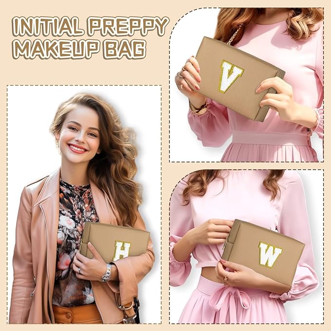 TOPEAST Preppy Patch Makeup Bag, Chenille Letter Pouch Cosmetic Bag, PU Leather Waterproof Toiletry Bag, Personalized Birthday Gift for Women Girl, Cute Stuff for Girls (Khaki B)