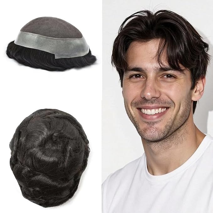FACE MIRACLE Hair System for Men French Lace Mens Toupee Human Hair Replacement System Lace with PU Toupee for Men Male Hair Piece Wigs 8"X10" 1B# OFF BLACK