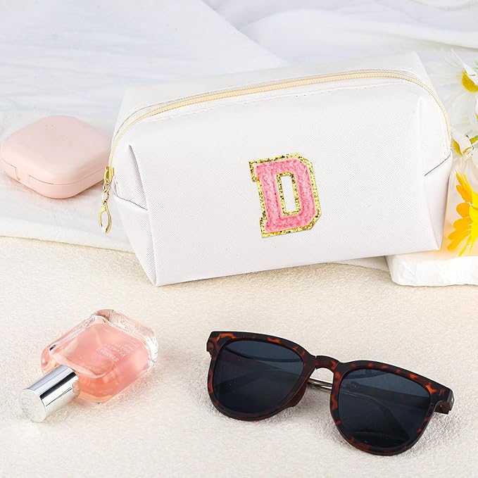Initial Makeup Bag Personalized Preppy Travel Small Cosmetic Bag Cute PU White Chenille Letter Makeup Pouch for Purse Waterproof Zippered Toiletry Organizer for Women Girls Kids Friends (D)