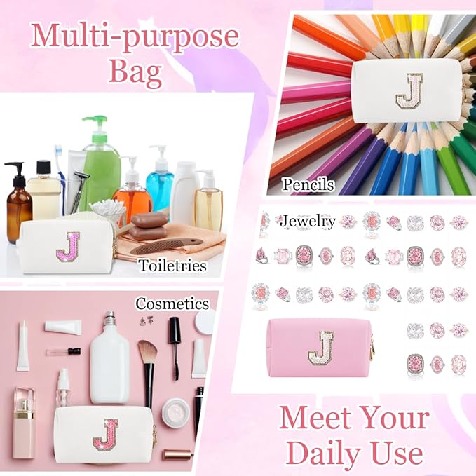 Small Personalized Glitter Initial Letter Makeup Bag, Cute PU Leather Chenille Letters Cosmetic Bag Travel Makeup Pouch, Preppy Travel Organizer Zipper Pouch for Women&Girls（White-J）
