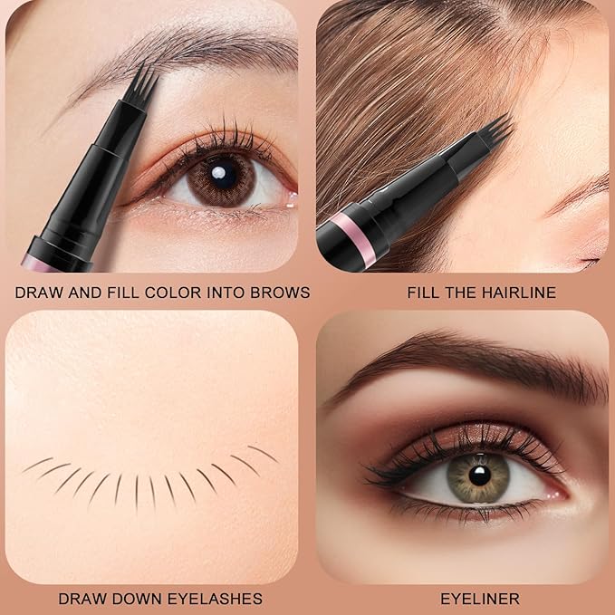 Eyebrow Pencil,2-in-1 Waterproof Eyebrow Pen with 4 Tip Brow Pen and Ultra-Precise Brow Pencil,with Dual-ended Eyebrow Brush,Eyebrow Makeup for Natural Looking Eyebrows - Ebony