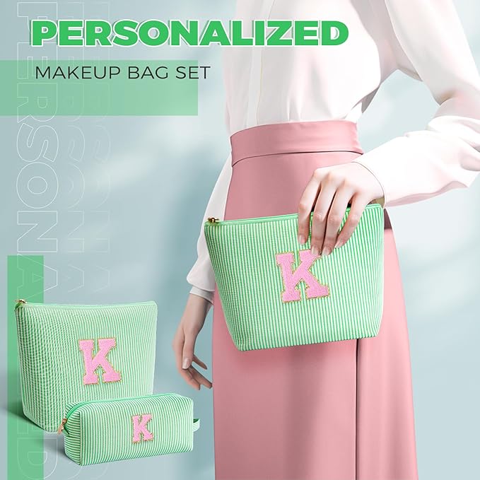 Monogrammed Gifts for Women - Cosmetic Bag for Teen,Initial Cute Makeup Bag Set for Women,Trendy Pouch for Niece Sister Friend Female Her,Birthday Gifts for Daughter - Green,K