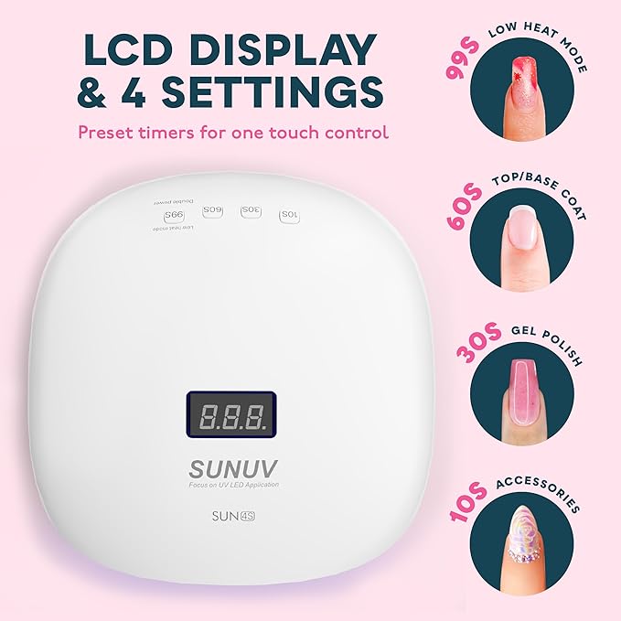 SUNUV LED UV Nail Light, UV Lamp for Gel Nails Polish with 4 Timer Settings, LCD Display Removable Base, SUN4S Pink