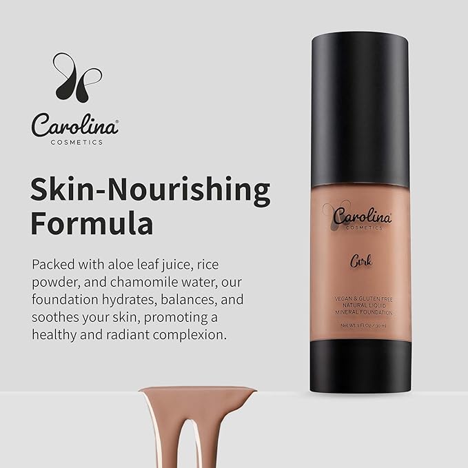 Carolina Cosmetics - Foundation in Cork Shade Plant-Based - Hydrating, Pore-Minimizing & Buildable Coverage - Vegan, Non-GMO, Paraben-Free - 1oz
