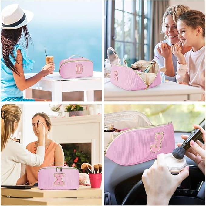 Personalized Initial Makeup Bag,Christmas Gifts for Girl,Preppy Bag Cosmetic Travel Bag Women,Travel Toiletry Organizer,Large Capacity Corduroy Stuff Bag,Cute Cosmetic Pouch Skincare Bag-W