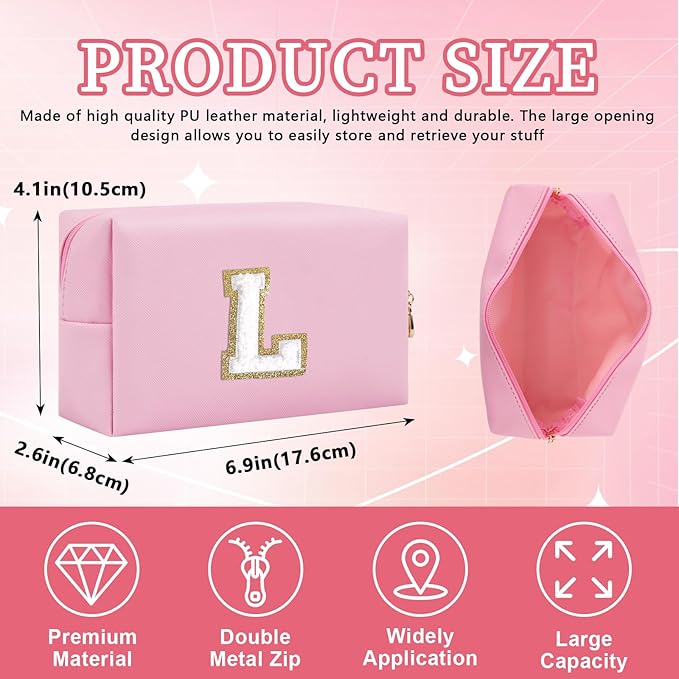 Iqimott Personalized Initial Letter Patch Makeup Bag, Preppy Portable Chenille Letter Cosmetic Bag with Zipper, PU Leather Waterproof Travel Toiletry Bag Monogram Make Up Pouch Girls(Letter L)