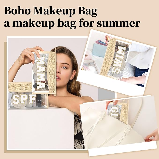 Small Boho Straw Clear Swim Makeup Bags for Women&Girls, Zipper Cosmetic Bag Chenille Varsity Letter Patch Bag, Preppy Cute Toiletry Pouch, Trendy Organizer Storage Bag for Beach Travel Essentials