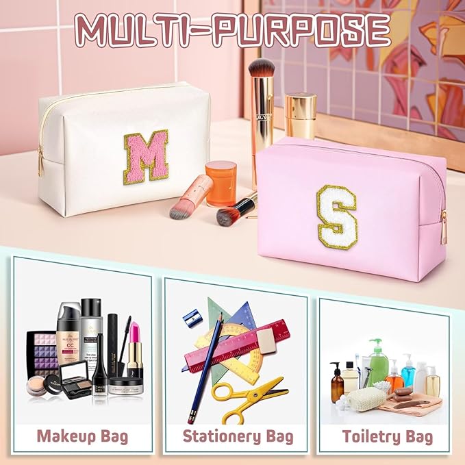 TOPEAST Small Makeup Bag Initial Cosmetic Bag Travel Toiletry Bag, Personalized Birthday Gift for Mom Sister Friends Teacher Nurse, Preppy Travel Stuff for Girls (Pearly White O)
