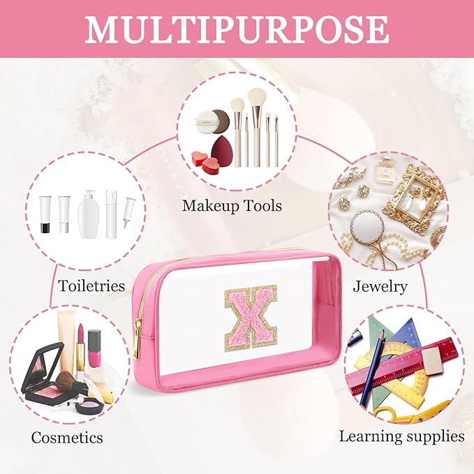 Small Clear Personalized Initial Makeup Bag, Preppy A-Z Chenille Letter Patch Cosmetic Bag, Cute Transparent Nylon Waterproof Zipper Beach Varsity Letter Pouch, Gift for Women Girls(Pink-Pink X)